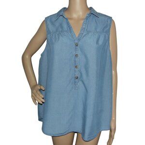 Time&Tru Shirt Womens XL (16-18) Blue Sleeveless Button Textured Chambray V-Neck